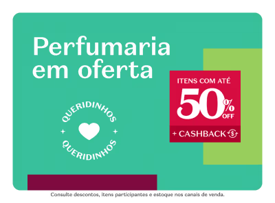 O banner colorido com tons de verde e rosa traz uma promoção de perfumaria com descontos de até 50%OFF e acúmulo de cashback.