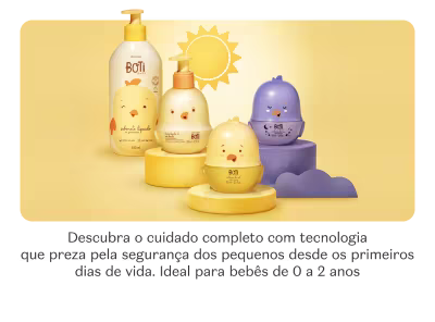 Itens de Boti Baby, incluindo loções, cremes e acessórios em tons amarelos e roxos. O texto destaca que esses produtos oferecem tecnologia para a segurança dos pequenos desde os primeiros dias de vida.