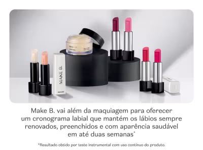 O banner apresenta uma variedade de produtos de cronograma labial da marca Make B.