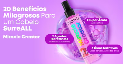 O banner apresenta uma variedade de modelos com diferentes aparências, destacando um produto de cuidados capilares da marca Matrix. O produto é apresentado em uma embalagem com ilustrações e informações sobre seus benefícios.