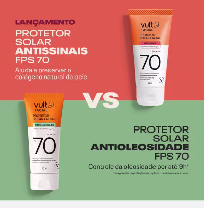 O banner apresenta duas embalagens de protetor solar facial. Protetor Antissinais, ajuda a preservar o colágeno natural da pele. Protetor Antioleosidade, controla a oleosidade por até 9h.