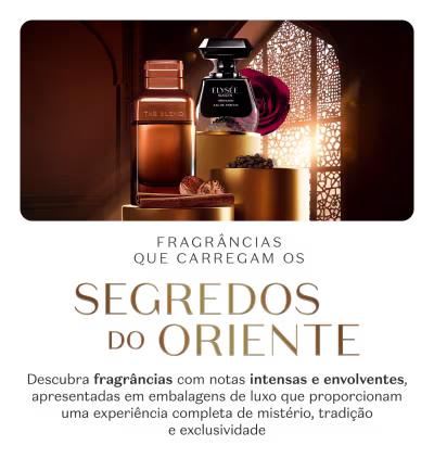 Banner de fragrâncias com toque árabe e notas intensas. Imagem mostra as fragrâncias The Blend e Elysée Succès.