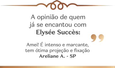 Box de citação dourado com o texto: "A opinião de quem já se encantou com Elysée Succès". Depoimento elogia fixação e projeção.