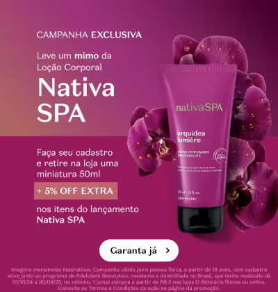 O banner promove uma campanha exclusiva da marca Nativa SPA, com uma miniatura de 50ml, para retirada em loja após cadastro.