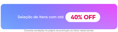 Banner em tons de azul e lilás, com letras brancas, comunicando itens com até 40% de desconto.