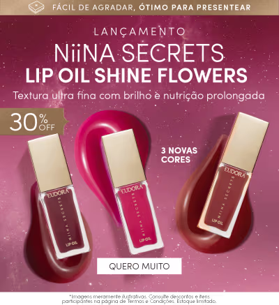 O banner apresenta o lançamento de um novo produto da marca Niina Secrets, os Lip Oil Shine Flowers. O banner também destaca a oferta de 30% de desconto no lançamento.