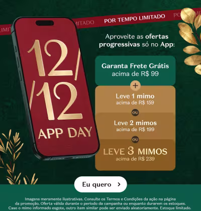 O banner promove o 12/12 App Day com ofertas progressivas exclusivas no App: frete grátis acima de R$ 99 e até 3 mimos nas compras acima de R$ 239.