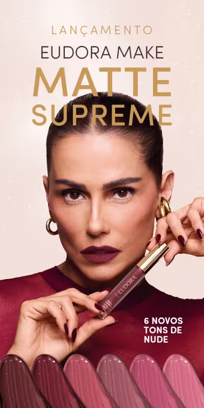 O banner apresenta o lançamento do produto Eudora Make Turbo Glitter, um acabamento mate com brilho imediato. A imagem mostra três tubos de gloss labial da marca Eudora em tons dourados e rosados.