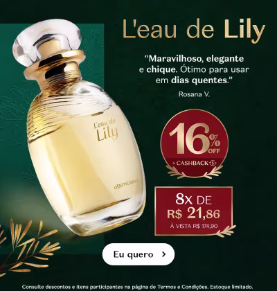 O banner apresenta uma fragrância chamada "L'eau de Lily" e uma oferta de 16% de desconto com acúmulo de cashback.