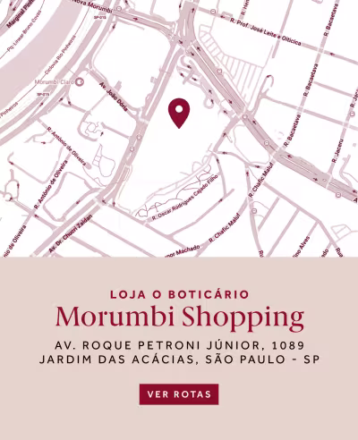 Loja O Boticário Morumbi Shopping, localizada na Av. Roque Petroni Júnior, 1089, Jardim das Acácias, São Paulo-SP. O banner convida o usuário a "Ver Rotas" para chegar até a loja.