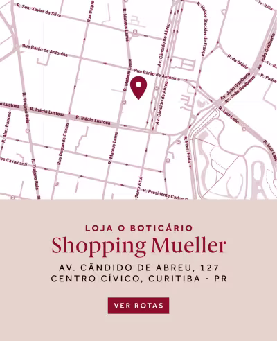 Loja O Boticário Mueller, localizada na Avenida Cândido de Abreu, 127 - Centro Cívico, Curitiba-PR. O banner convida o usuário a "Ver Rotas" para chegar até a loja.