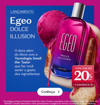 O banner traz um frasco de fragrância elegante em tons de rosa e azul do lançamento Egeo Dolce Illusion e também destaca uma promoção com até 20% OFF.