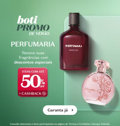 O banner apresenta frascos de perfumaria e destaca promoções e descontos especiais da Boti Promo de Verão com até 50% OFF e acúmulo de cashback.