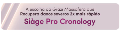 O banner apresenta uma máscara facial da marca Grazi Massafera, que promete recuperar danos severos da pele 2 vezes mais rápido. O texto destaca o "Siage Pro Cronology" como o nome do produto.
