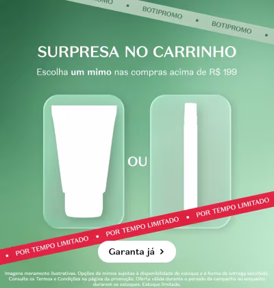 O banner apresenta uma chamada de "Surpresa no Carrinho" e destaca a opção de escolher um mimo nas compras acima de R$ 199.