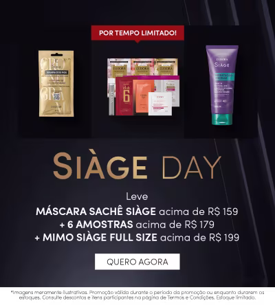 O banner apresenta uma promoção da marca Siage, com destaque para a máscara de cílios Siage, 6 amostras e o mimo Siage Full Size. A imagem mostra os produtos em embalagens elegantes e sofisticadas, com informações sobre duração limitada da oferta.