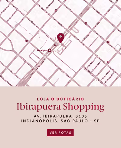 Loja O Boticário Shopping Ibirapuera, localizada Av. Ibirapuera, 3103 - Indianópolis, São Paulo-SP. O banner convida o usuário a "Ver Rotas" para chegar até a loja.