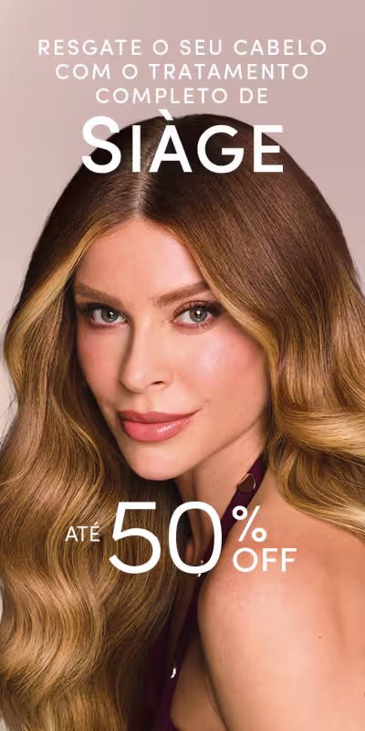 O banner mostra uma mulher com cabelos longos e ondulados, com uma expressão suave. O texto destaca um tratamento completo de Siage para o cabelo, com desconto de até 50% off.