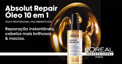 O banner apresenta um frasco de óleo capilar da marca L'Oréal Professionnel, com o nome "Absolut Repair Óleo 10 em 1". O texto destaca os benefícios do produto, como reparação instantânea e cabelos mais brilhantes e macios.
