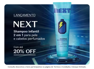 O banner apresenta o lançamento do Shampoo Infantil 2 em 1 da marca Next, com até 20% de desconto.