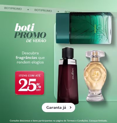 O banner esverdeado traz três frascos de perfumarias com destaque para uma promoção de 25% de desconto.
