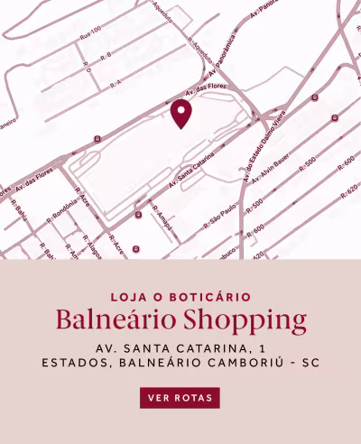 Loja O Boticário Balneário Shopping, localizada Av. Santa Catarina, 1 - Estados, Balneário Camboriú-SC. O banner convida o usuário a "Ver Rotas" para chegar até a loja.