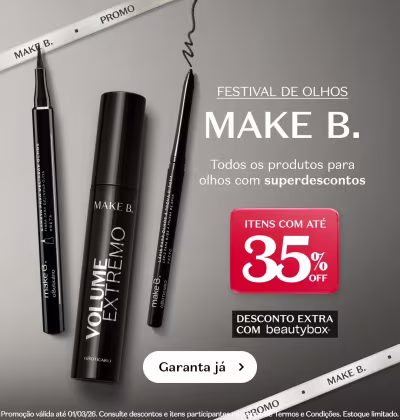 O banner apresenta o "Festival de Olhos Make B." com descontos em todos os produtos para olhos com até 35% OFF.