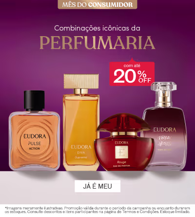 O banner apresenta combinações icônicas de produtos da Perfumaria Eudora, incluindo Desodorante Colônia, Loção Corporal e Fragrâncias em embalagens elegantes. Destaca-se a promoção com até 20% de desconto.