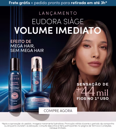 O banner apresenta uma modelo com cabelos escuros e maquiagem suave. O produto é apresentado em embalagens elegantes e promete resultados volumosos para os cabelos, sem a necessidade de mega hair.
