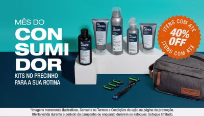 O banner mostra promoção do mês do consumidor, kits para presentear da marca Dr. Jones com até 40% de desconto!