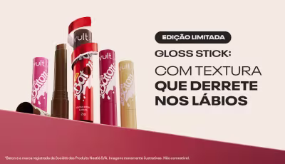 Quatro embalagens de Gloss Stick de Vult + Baton, com textura que derrete nos lábios. Produto de edição limitada.