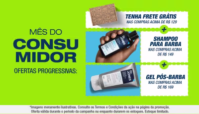 O banner mostra ofertas progressivas de frete grátis acima de R$129, shampoo acima de R$149 e gel pós barba acima de R$169!