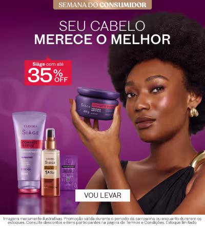 O banner mostra uma mulher afro-brasileira segurando um produto  da marca Siage. O texto destaca que o produto combate o frizz e oferece 35% de desconto. A imagem também exibe outros produtos.
