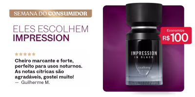 O banner apresenta um produto de fragrância chamado "Impression in Black" da marca Eudora. O produto é destacado com um desconto de R$100 e uma avaliação positiva de um cliente. A imagem mostra o frasco elegante da fragrância em um fundo roxo.