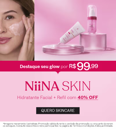 O banner apresenta um produto de cuidados com a pele da marca NiiNA SKIN, cum hidratante facial + refil com 40% de desconto  A imagem mostra embalagens do produto em tons de rosa, com uma modelo sorrindo e com a pele com aspecto iluminado.