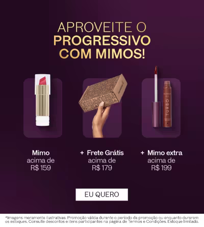 O banner apresenta uma promoção de produtos da marca Mimo, incluindo um batom, uma caixa e um frasco de produto. O texto destaca o "Progressivo com Mimos!" e os preços dos pacotes promocionais.