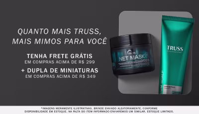 Banner com fundo cinza escuro e descrição de promoção progressiva: Nas compras acima de R$ 299 Ganhe Frete Grátis, complete R$ 349 e ganhe 2 miniaturas TRUSS.