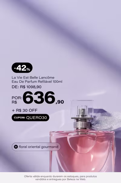 La Vie Est Belle Lancôme Eau De Parfum Refilável - Perfume Feminino 100ml De: R$ 1098,9 Por: R$ 636,9 Selo: 42% OFF + R$ 30 OFF 🏷️ QUERO30 *Vendidos e entregues por Beleza na Web