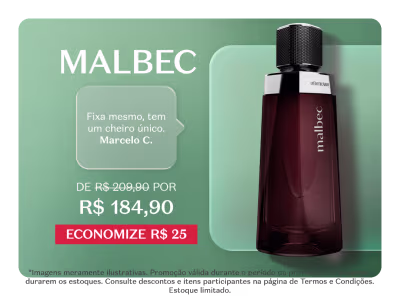 O banner apresenta um frasco de Colônia Malbec em embalagem elegante e sofisticada, com destaque para o nome da marca. Há também uma mensagem promocional destacando o preço promocional do produto.