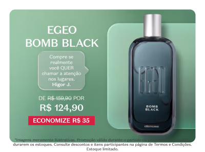 O banner apresenta um frasco de Colônia Malbec em embalagem elegante e sofisticada, com destaque para o nome da marca. Há também uma mensagem promocional destacando o preço promocional do produto.