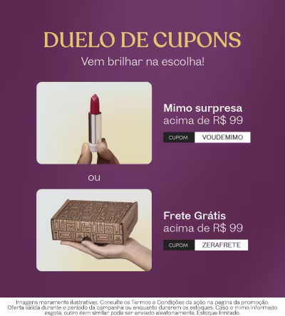 O banner apresenta um "Duelo de Cupons" com opções de cupons exclusivos acima de R$ 99 e frete grátis acima de R$ 99. As opções de cupons são "ZERAFRETE" e "VOUDEMIMO".