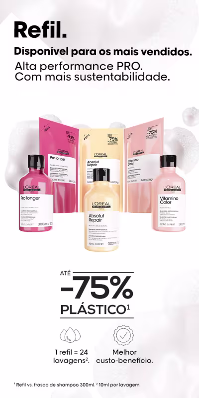 O banner apresenta produtos de cuidados capilares da marca L'Oréal, incluindo shampoo e condicionador com o tamanho refil