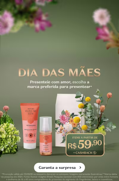 O banner apresenta uma variedade de produtos de beleza e cuidados pessoais, incluindo um desodorante colônia, uma loção corporal e uma máscara de cílios. Há também um texto promocional sobre o Dia das Mães, com ofertas a partir de R$ 59,90 e cashback.