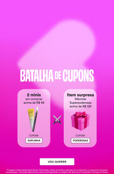 O banner apresenta uma promoção chamada "Batalha de Cupons", com dois itens promocionais destacados: "Meninas" e "Superpoderos as". O banner possui um fundo rosa vibrante, com o texto da promoção em destaque.