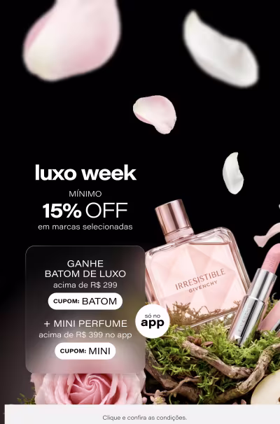 Luxo Week | Mínimo 15% OFF em marcas selecionadas. Ganhe Batom de Luxo nas compras acima de R$299 + Mini Perfume acima de R$399 só no app *Vendido e entregue por Beleza na Web