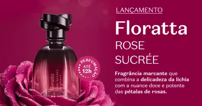 O banner apresenta um frasco de fragrância elegante com o nome "Floratta Rose Sucree". A embalagem é decorada com rosas em tons de rosa, transmitindo uma fragrância delicada e doce das pétalas de rosas.
