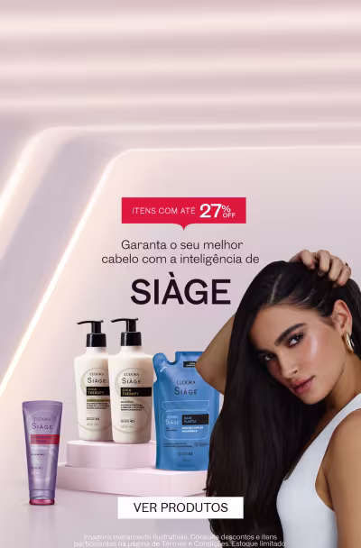 O banner apresenta uma modelo com cabelos escuros e olhar séri. O texto destaca uma oferta de até 27% de desconto em itens de Siàge.