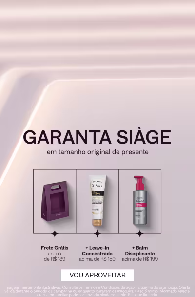 Frascos de produtos da linha Eudora Siàge sobre fundo cinza claro, comunicando a promoção de mimo progressivo em letras na cor roxa.
