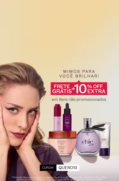 Mulher loira com maquiagem suave, com mãos sobre o rosto, ao lado de vários produtos de Eudora, comunicando a promoção de Frete Grátis + 10% de desconto extra.