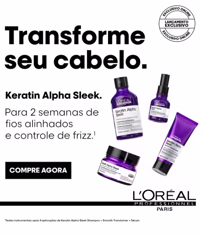 Produto capilar Keratin Alpha Sleek de Loreal Professionnel com texto promocional em fundo branco.